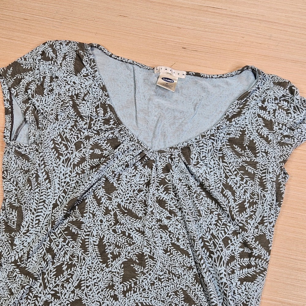 Old‎ Navy V-Neck Cap Sleeve Top Women M Blue Fern Print Stretch Casual Blouse